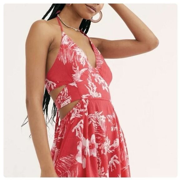 Free People Lille Halter Maxi Dress Raspberry Red Floral Cutout Sz S Cotton - Picture 4 of 15